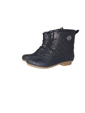Tommy Hilfiger Black Quilted Duck Boots Womens Size 8 Faux Leather & Rubber Wate